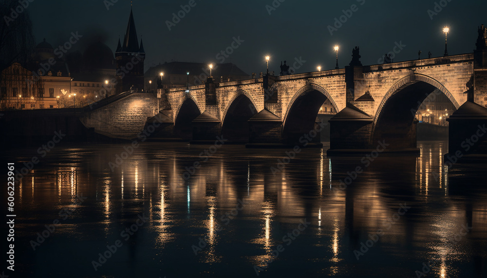 Illuminated arch reflects history of famous cityscape generated by AI