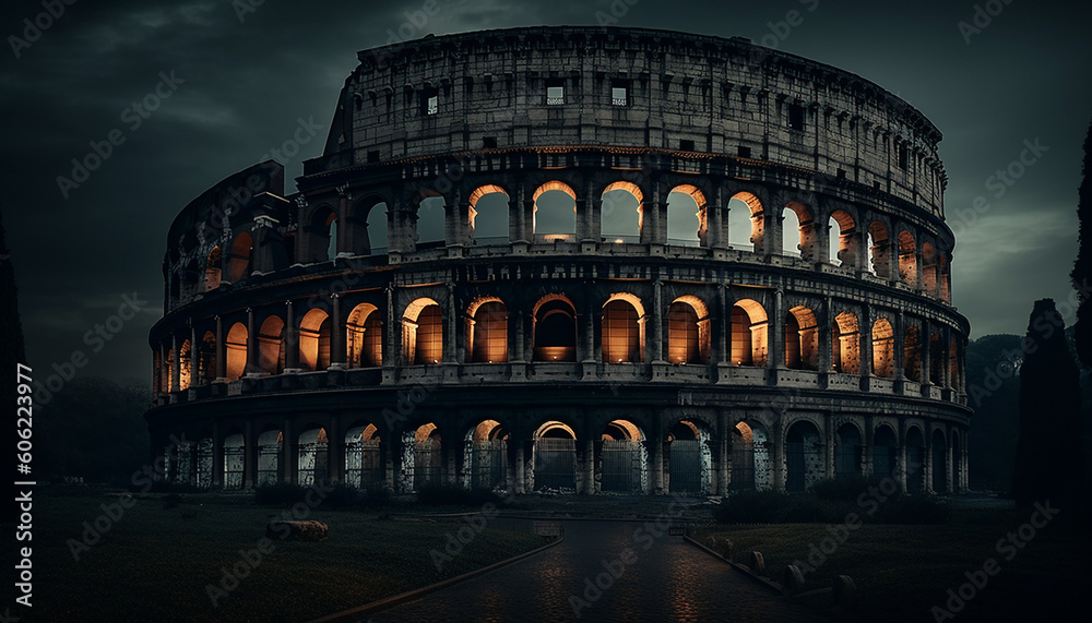 Illuminated ancient ruins ize majestic Italian culture generated by AI