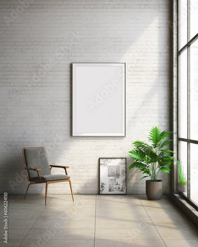 Living room interior mockup with frame - created with Generative AI technology