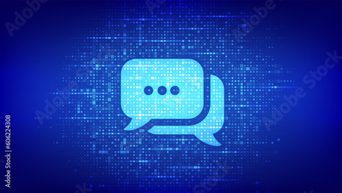 Chat icon made with binary code. Chatbot assistant application. Talk bubble speech. Dialogue balloon. Binary data and streaming digital code. Matrix background with digits 1.0. Vector Illustration.