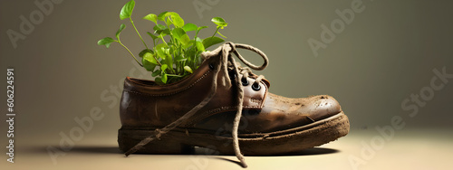 Life finds its way  showcased by a fresh green plant growing within the confines of a rugged shoe.