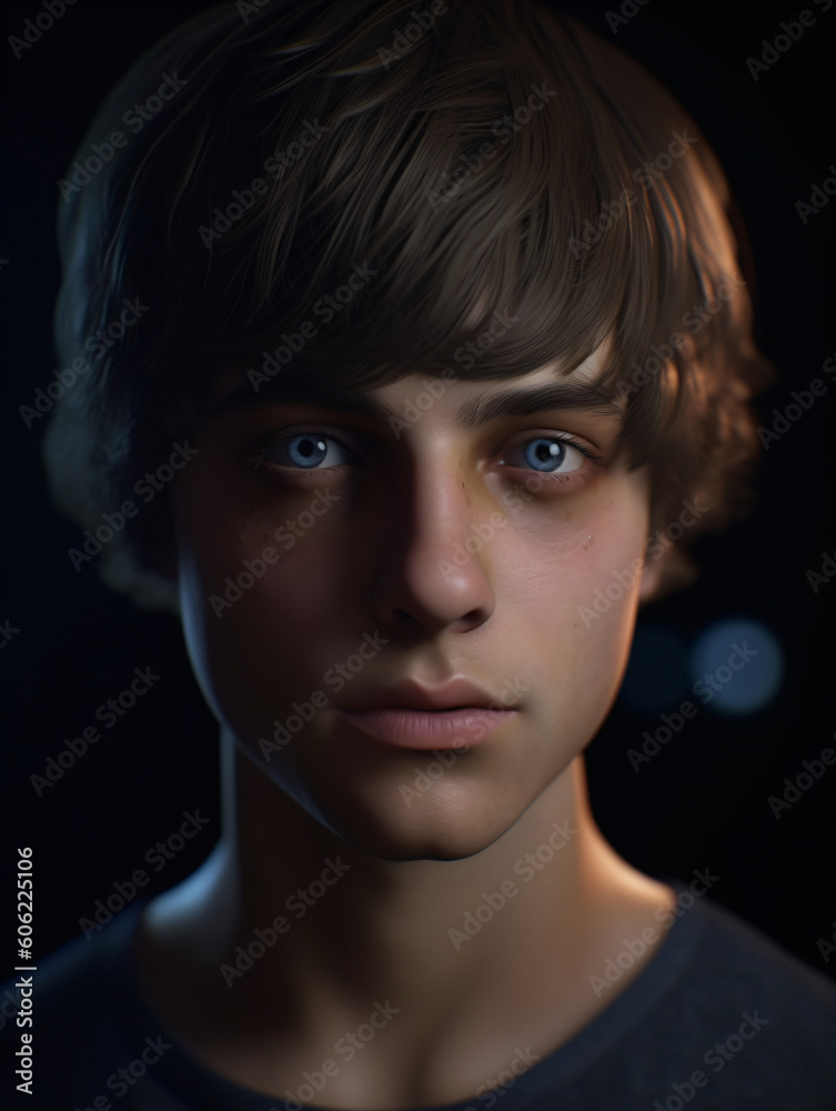 A close up of a teenager model with blue eyes and brown hair isolated on a black background Generative Ai