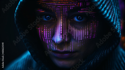A woman in a hooded jacket with a hoodie and digital patterns over his face Generative Ai photo