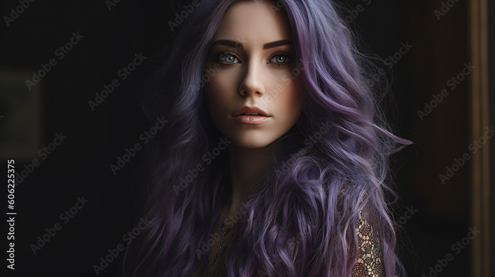 A woman with long purple hair and blue eyes Generative Ai