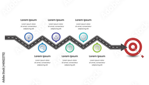 Roadmap infographic template design with six options or steps and icons.