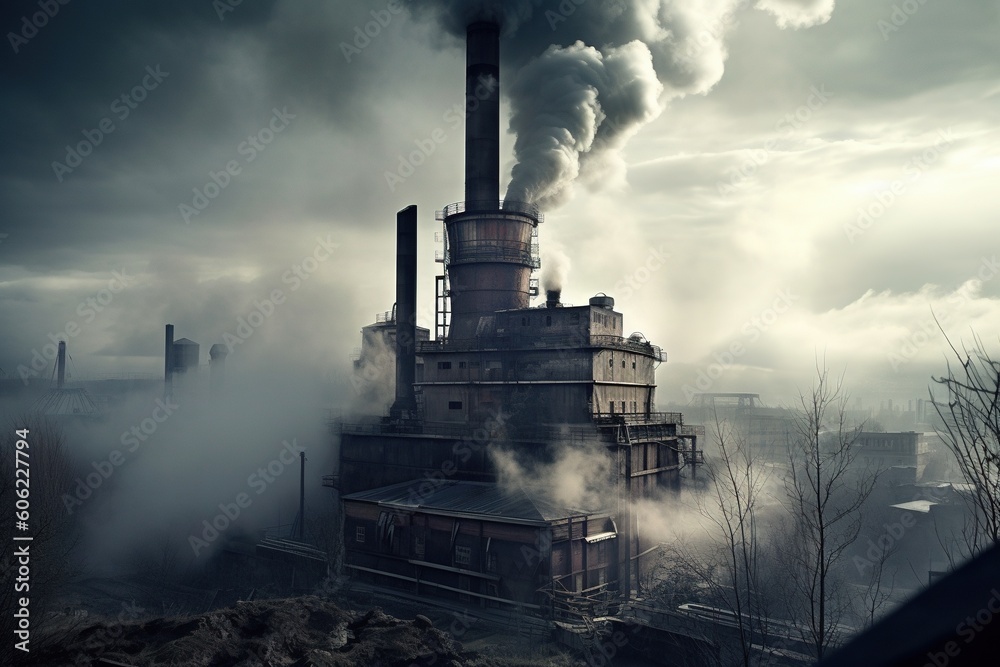 Fototapeta premium Factory pipe polluting air, smoke from chimneys against sun, environmental problems, ecological theme, industry scene. Global warming of the weather climate. A common problem. Save planet.
