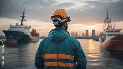man in a vibrant green and yellow safety jacket, donning a protective helmet. Seen from behind, he gazes upon a bustling cargo ship port, providing a glimpse into the world of maritime logistics © Kemal