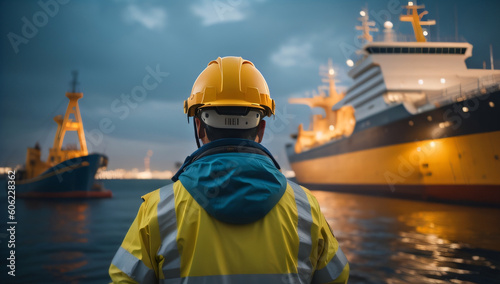 man in a vibrant green and yellow safety jacket, donning a protective helmet. Seen from behind, he gazes upon a bustling cargo ship port, providing a glimpse into the world of maritime logistics