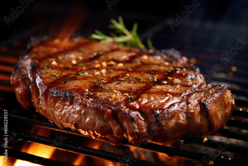 Angus steak against medium-rare fillet cooked over hot coals. Generative AI.