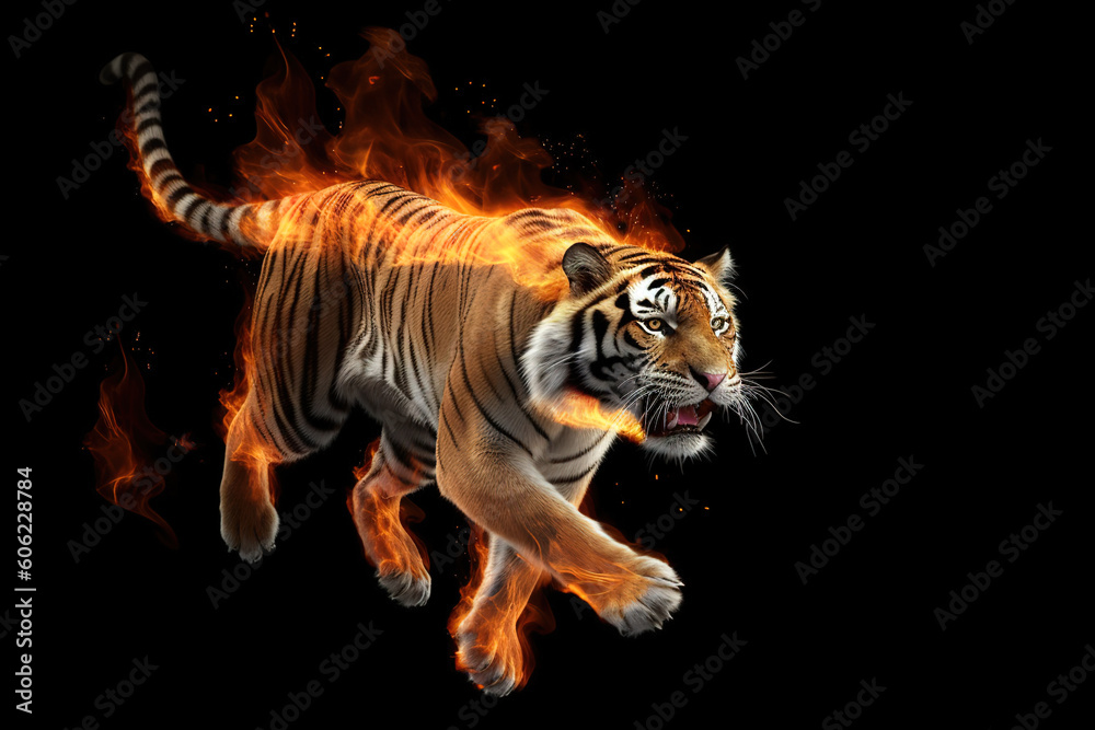 Fototapeta premium Image of an angry tiger with flames. Wildlife Animals. illustration, generative AI.