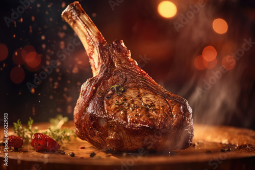 Delicious and juicy T-bone or tomahawk steak on a wooden cutting board, barbecue party food. Generative AI.