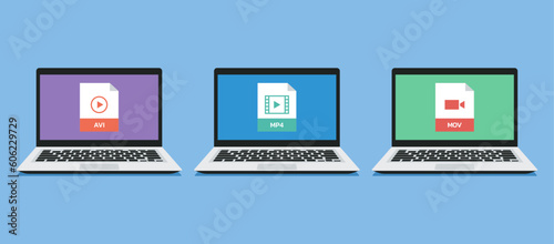set of video player document file format icon such as MP4, AVI and MOV on laptop screen, vector flat illustration