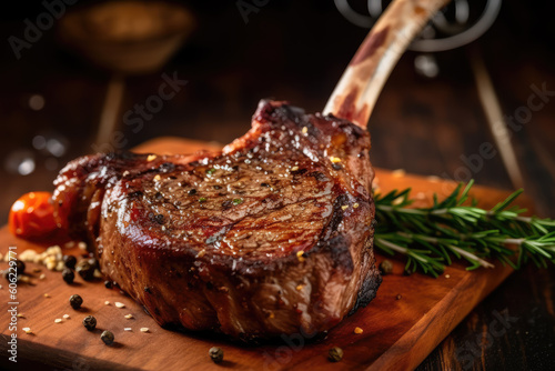 Delicious and juicy T-bone or tomahawk steak on a wooden cutting board, barbecue party food. Generative AI.