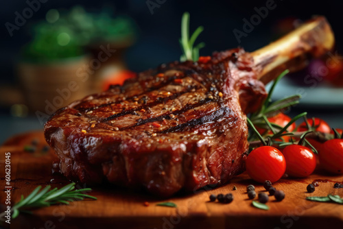 Delicious and juicy T-bone or tomahawk steak on a wooden cutting board, barbecue party food. Generative AI.