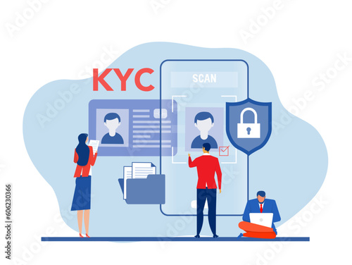 KYC or know your customer with business verifying the identity of its client's concept at the partners-to-be through a magnifying glass  of business identification and  safety.