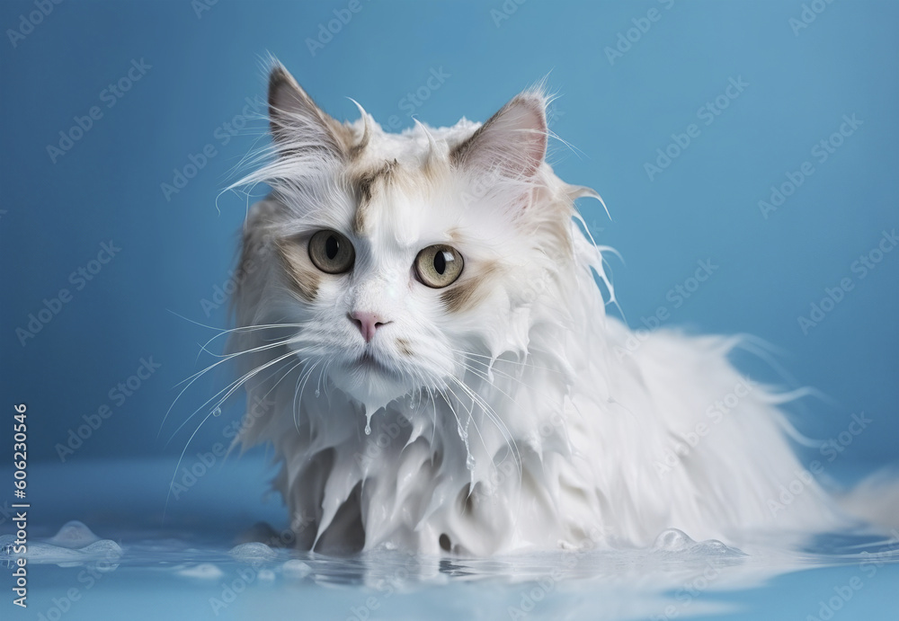 Soapy cat on blue background, bath and grooming concept. Generative AI.
