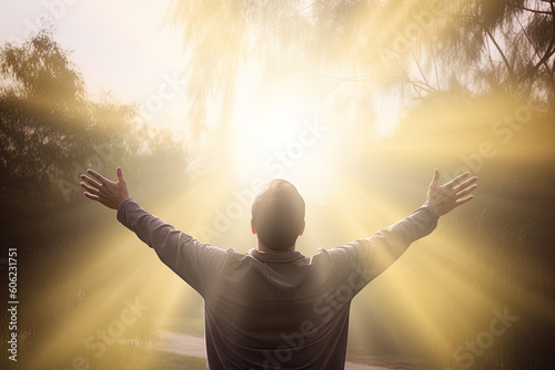 a man standing in the middle of the forest with arms outstretched in the bright morning sunray