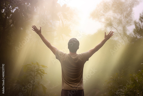 a man standing in the middle of the forest with arms outstretched in the bright morning sunray