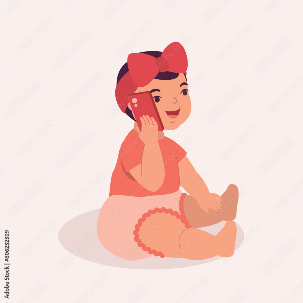 One Smiling Little Baby Girl Playing A Mobile Phone While Sitting On Floor. Full Length. Flat Design Style, Character, Cartoon.