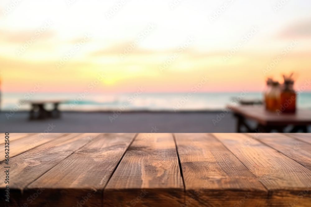 Wooden table top on blur beach background at sunset - can be used for display or montage your products Wooden table top on blur beach background at sunset - can be used for display or montage your products