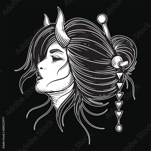 Vintage Japanese girl geisha woman Skull Mask Tattoo warrior illustration