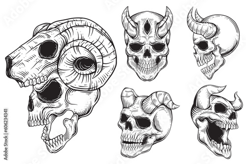 Set Bundle Dark Art Gothic Skull Demon Horn Vintage Tattoo bones in hand drawing style