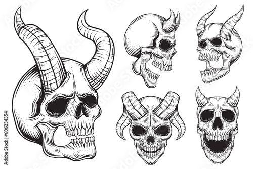 Set Bundle Dark Art Gothic Skull Demon Horn Vintage Tattoo bones in hand drawing style