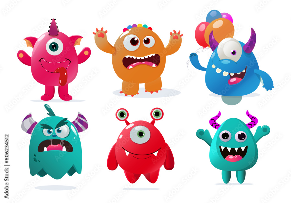 Monster character set vector design. Monster cute emoji with facial expression in white background. Vector illustration birthday cartoon collection. Monster character set vector design. Monster cute emoji with facial expression in white background. Vector illustration birthday cartoon collection.