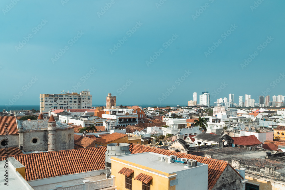 Cartagena, Bolivar, Colombia. March 14, 2023: Panoramic landscape of the walled city and its buildings.