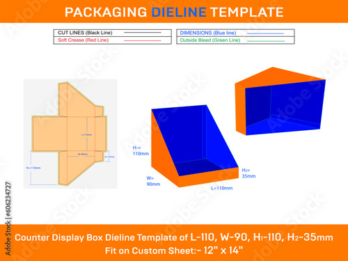 L 110xW 90xH1 110xH2 35mm counter display box dieline template for Phn Cases photo
