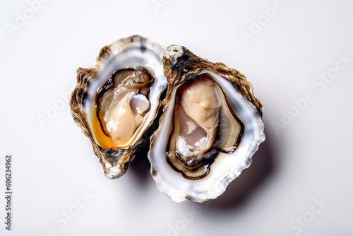 Opened fresh oysters on white table, created with Generative AI Technology