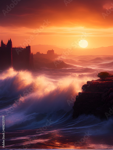 A luminist painting showing large waves crashing on a sunset coastline, a fairy tale. Generative AI photo