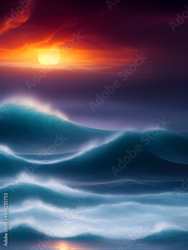 A luminist painting showing large waves crashing on a sunset coastline, a fairy tale. Generative AI photo