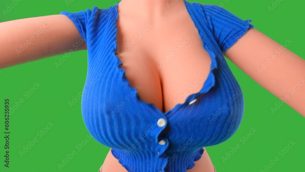 Wideo Stock: Huge breasts bouncing in a blue top with deep cleavage. Upper  body close-up of a female torso with a voluptuous, curvy, sexy figure. Not  a real woman, no model release
