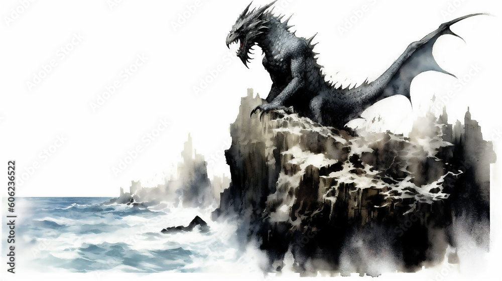 Fototapeta premium Generative AI, Mystic Majesty: Dragon's Gaze Across the Vast Abyss