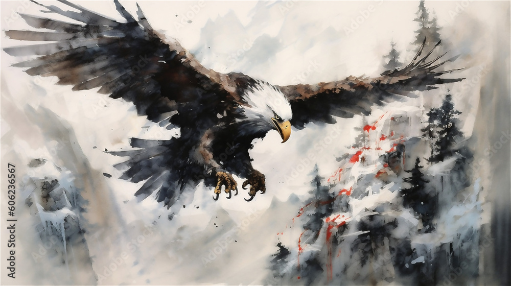 Generative AI, Majestic Eagle Soaring in Watercolor