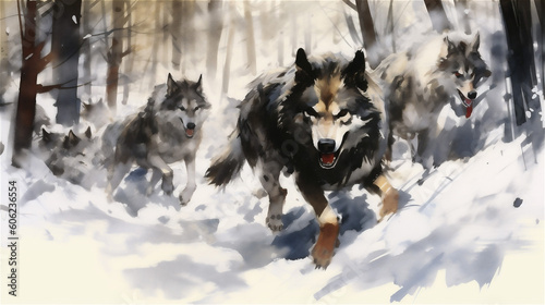 Generative AI  Wild Symphony  Pack of Wolves in Ferocious Pursuit