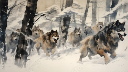 Generative AI, Wild Symphony: Pack of Wolves in Ferocious Pursuit © icehawk33