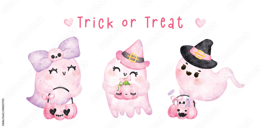 Obraz premium Group of Cute happy smile kawaii ghost pink Halloween , trick or treat, cartoon character watercolour hand painted vector banner