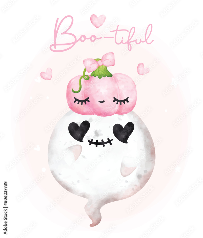 Cute Pink Ghost Halloween Cartoon Character Greeting Card, adorable hand-painted watercolor vector illustration.