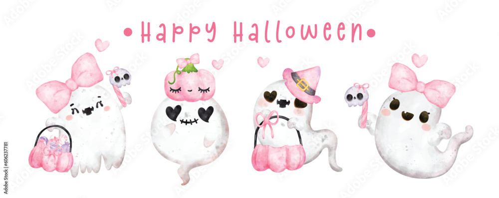 Cute Pink Ghost Halloween Cartoon Character Greeting Card, adorable hand-painted watercolor vector illustration banner