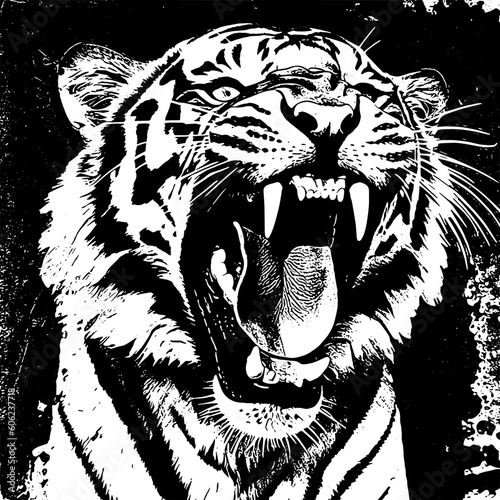 Vintage engraving isolated angry tiger set illustration ink sketch. Animal silhouette art. Black and white hand drawn tiger image