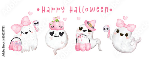 Fototapeta Naklejka Na Ścianę i Meble -  Cute Pink Ghost Halloween Cartoon Character Greeting Card, adorable hand-painted watercolor vector illustration banner