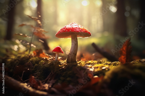 Toadstools in the forest on a sunny day - done with generative AI photo
