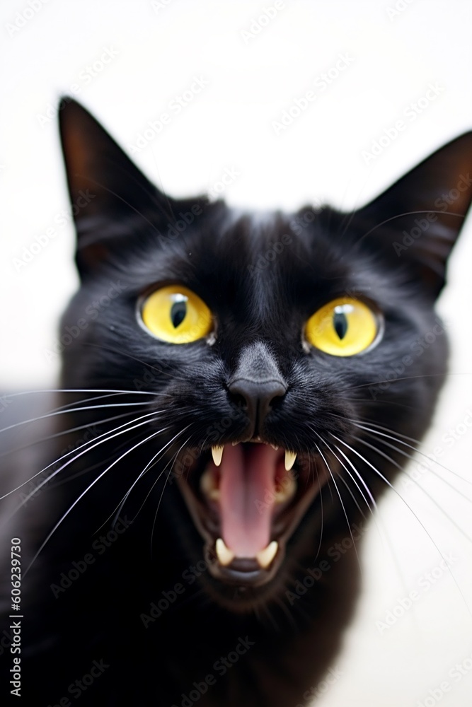 A black cat with yellow eyes screams at the camera, opened his mouth, smooth-haired and displeased, shows fangs, white background, high detail, AI generation