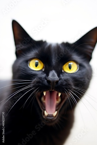 A black cat with yellow eyes screams at the camera  opened his mouth  smooth-haired and displeased  shows fangs  white background  high detail  AI generation