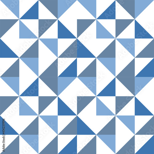 In this seamless pattern, dark blue, light blue and gray geometric triangles are placed alternately on a white background. Make it looks outstanding and interesting.