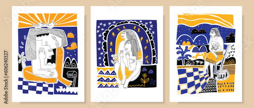 Set of abstract woman with landscape background in ethnic style hand drawn vector illustration wall art.