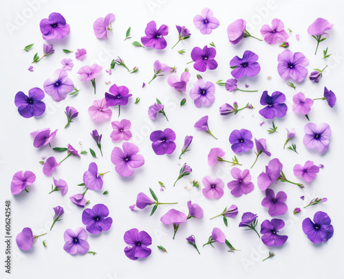 group of purple flowers arranged in a circular pattern on a white background, Generative Ai