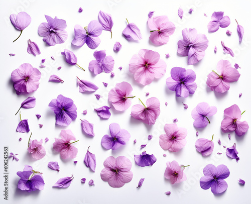 group of purple flowers scattered on a white background, Generative Ai © Régis Cardoso